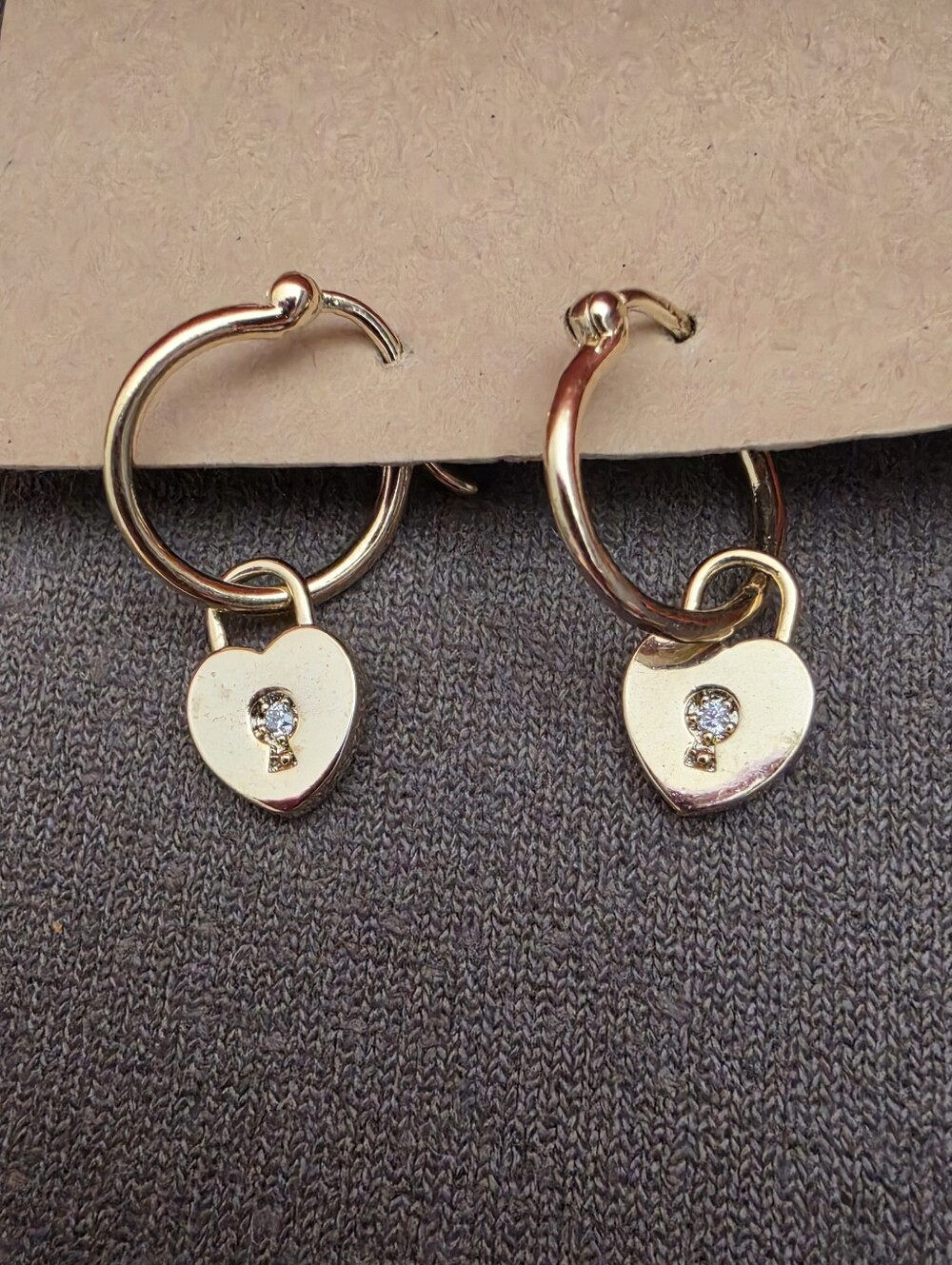 Gold Heart Padlock Hinged Hoop Earrings w Crystal Accent New